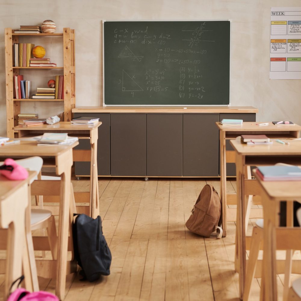 Wide,Angle,Background,Image,Of,Wooden,School,Desks,In,Row